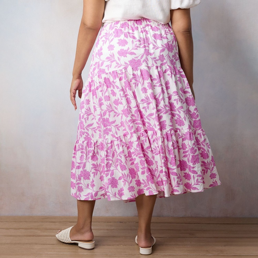 Lauren Conrad Pink Floral Tiered Midi Skirt Size 1X Linen Blend Coquette Cottage - Picture 7 of 14